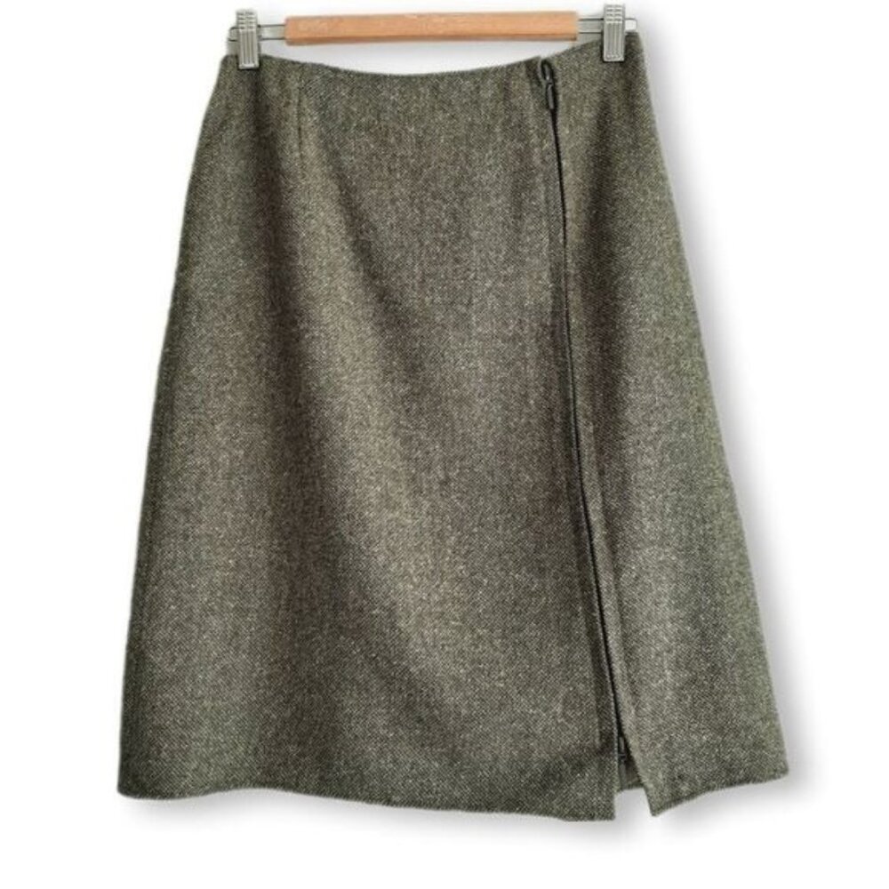 C'EST CITY Silk Wool Blend Side Zip Slit Knee Length Skirt Green Sz 6